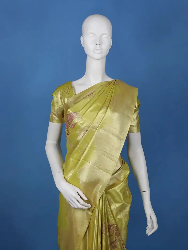 Lime Green Floral Design Tissue Saree 2