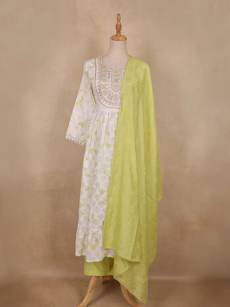 Lime Green Floral Embroidered Design Cotton Anarkali Salwar Suit 1