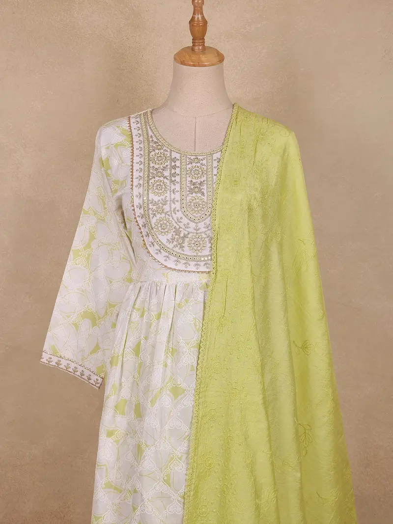 Lime Green Floral Embroidered Design Cotton Anarkali Salwar Suit 2