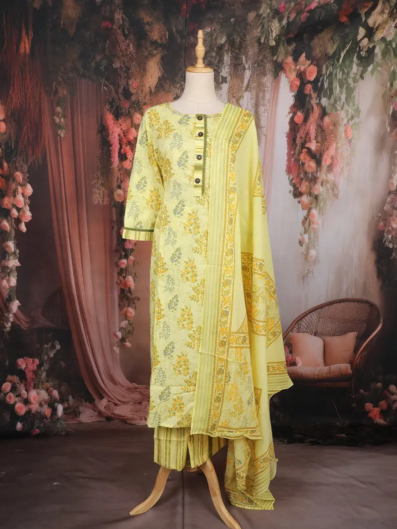 Lime Green Floral Printed Cotton Salwar Suit With Dupatta 1