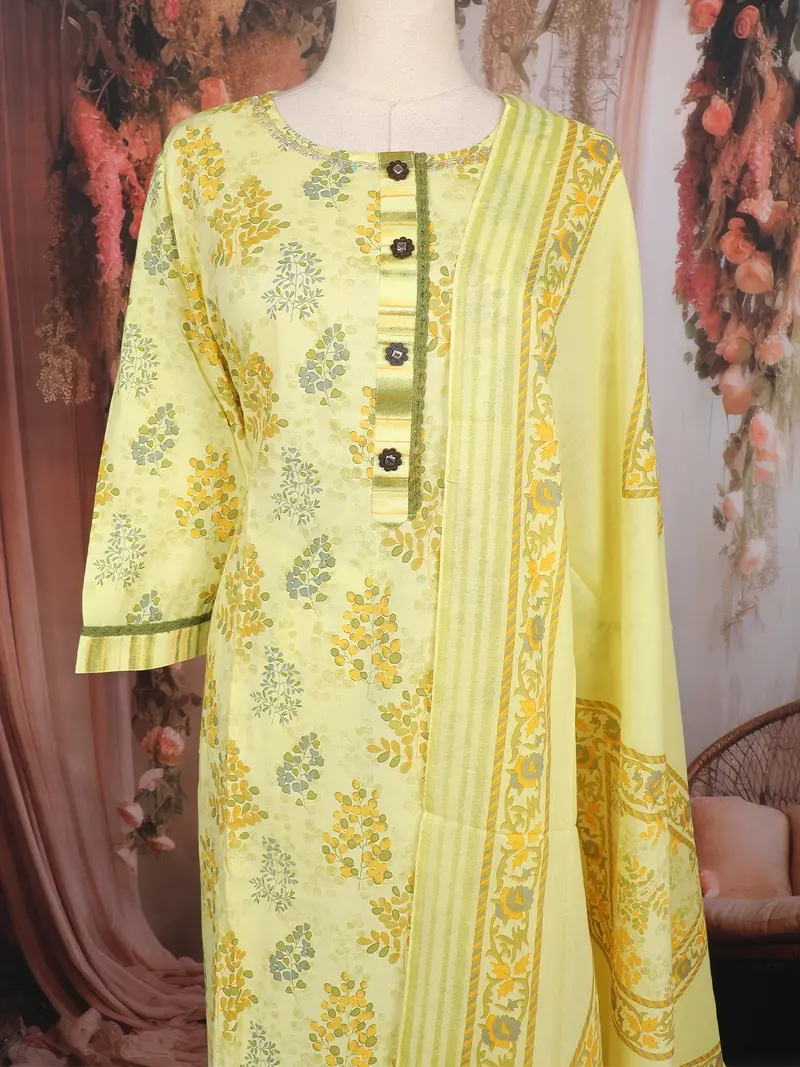 Lime Green Floral Printed Cotton Salwar Suit With Dupatta 2