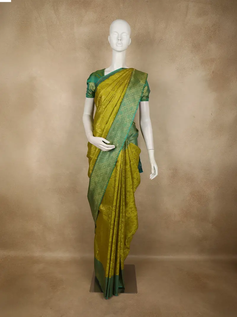 Lime Green Floral Woven Design Kanchipuram Silk Saree With Contrast Border 1
