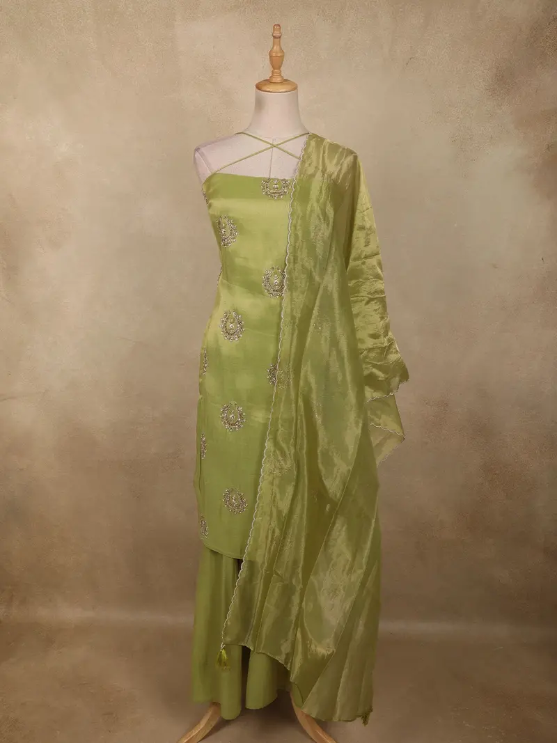 Lime Green Floral Zardozi And Beads Embroidered Design Tissue Palazzo Suit 1