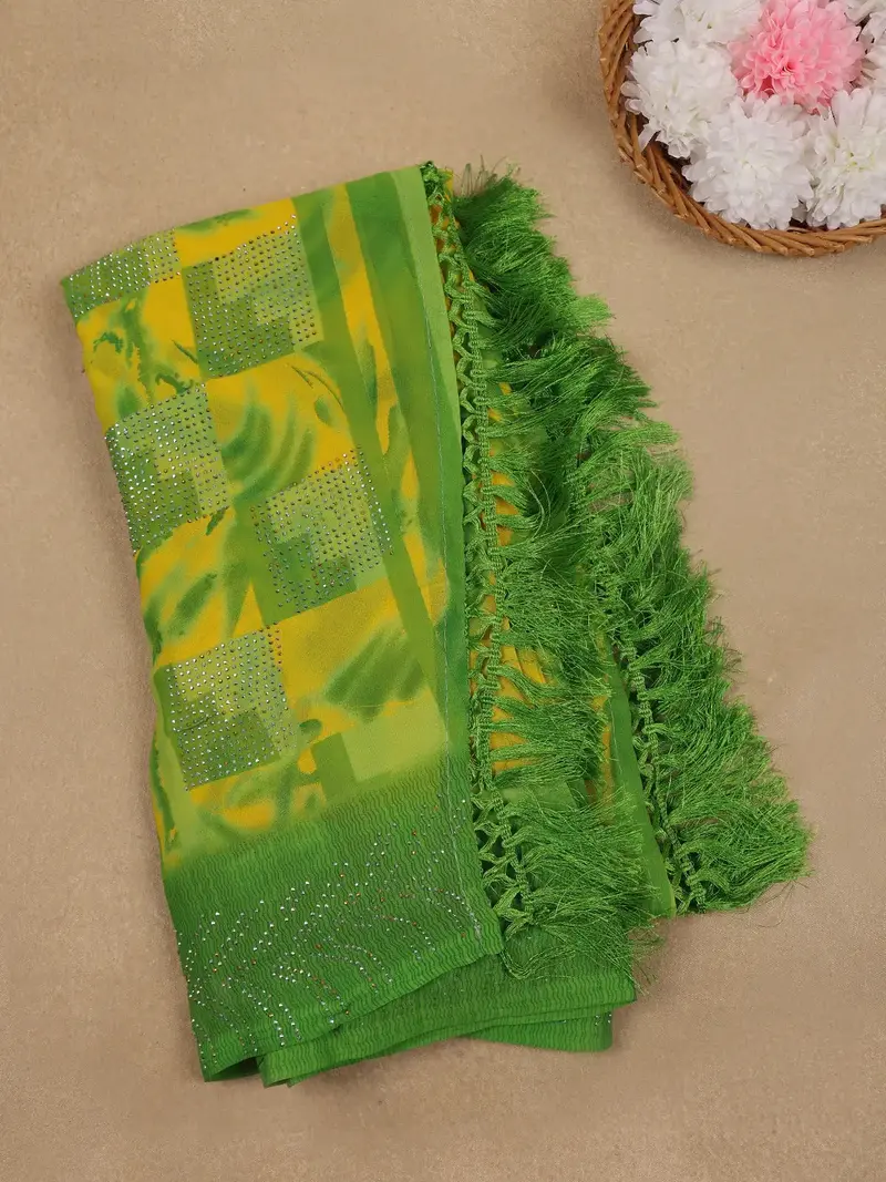 Lime Green Geometric Checked Print With Beaded Synthetic Saree 1