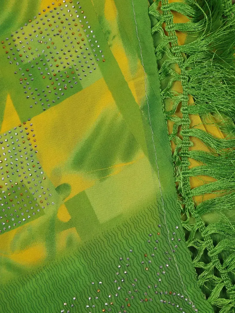 Lime Green Geometric Checked Print With Beaded Synthetic Saree 2