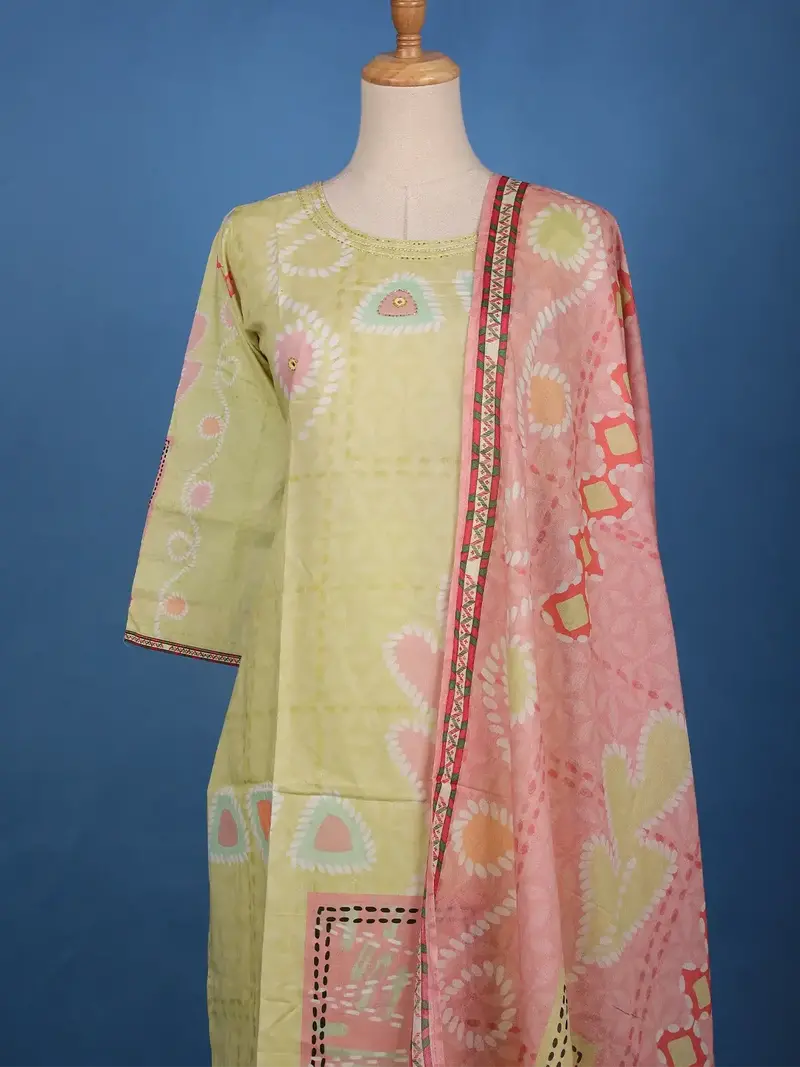 Lime Green Geometric Printed Cotton Salwar Suit Set 1
