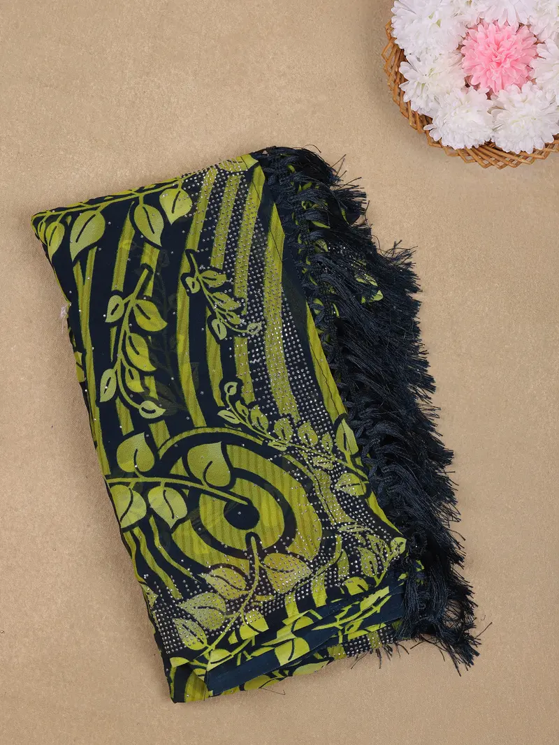 Lime Green Leaf Printed Design Chiffon Saree With Stone Work 1