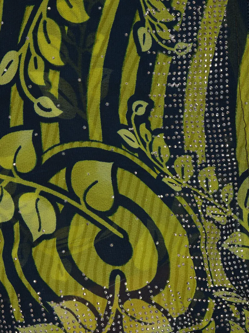 Lime Green Leaf Printed Design Chiffon Saree With Stone Work 2