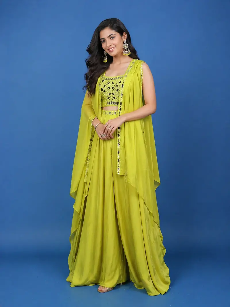 Lime Green Mirror Embroidered Crepe Skirt Top 1