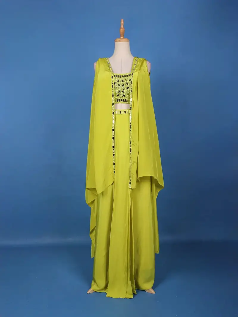 Lime Green Mirror Embroidered Crepe Skirt Top 2