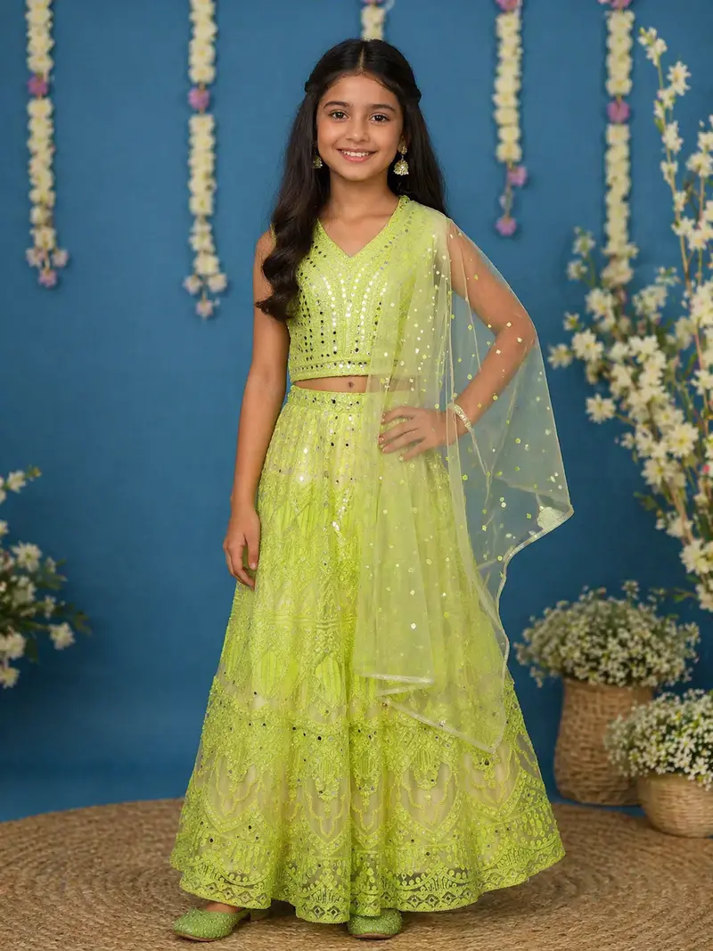 Lime Green Mirror Work Kids Net Lehenga 1