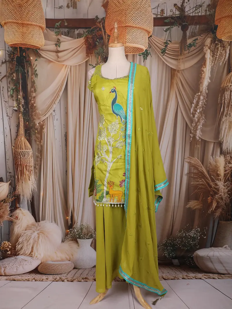 Lime Green Peacock And Deer Embroidered Design Silk Palazzo Suit With Dupatta 1