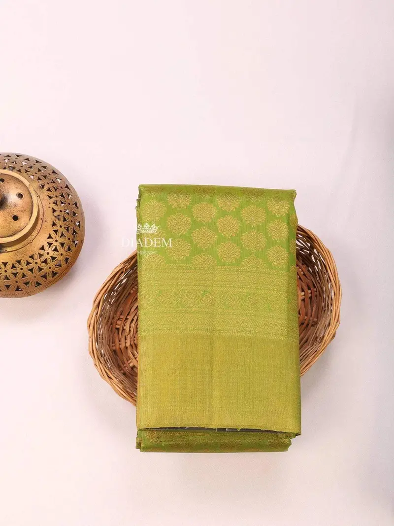 Lime Green Pure Kanchipuram Bridal Silk Saree With Zari Brocade On The Body And Zari Border 1