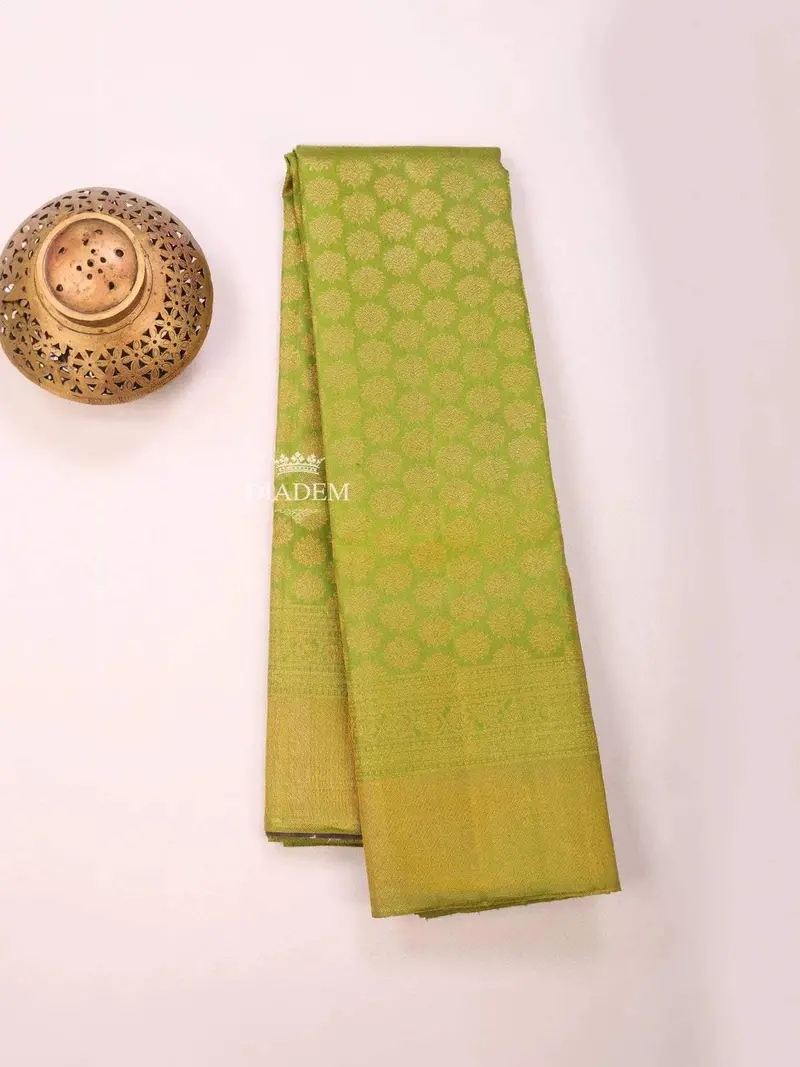 Lime Green Pure Kanchipuram Bridal Silk Saree With Zari Brocade On The Body And Zari Border 2
