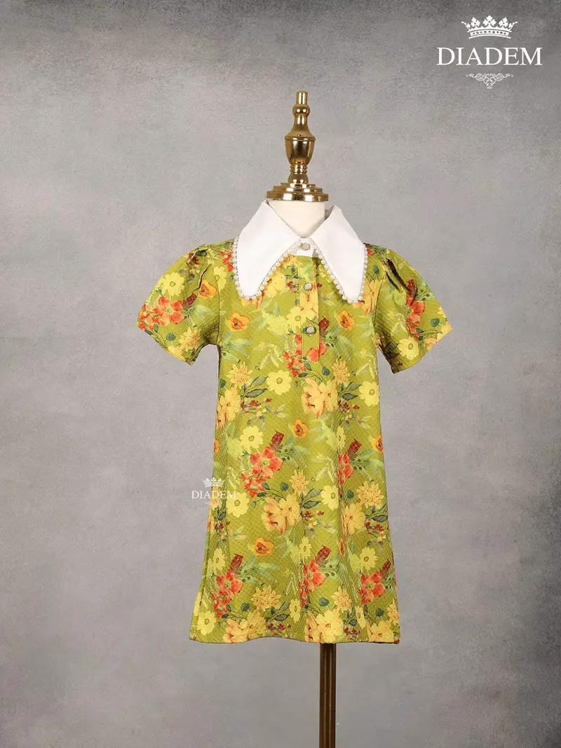 Lime Green Seersucker Frock Adorned With Floral Prints 1