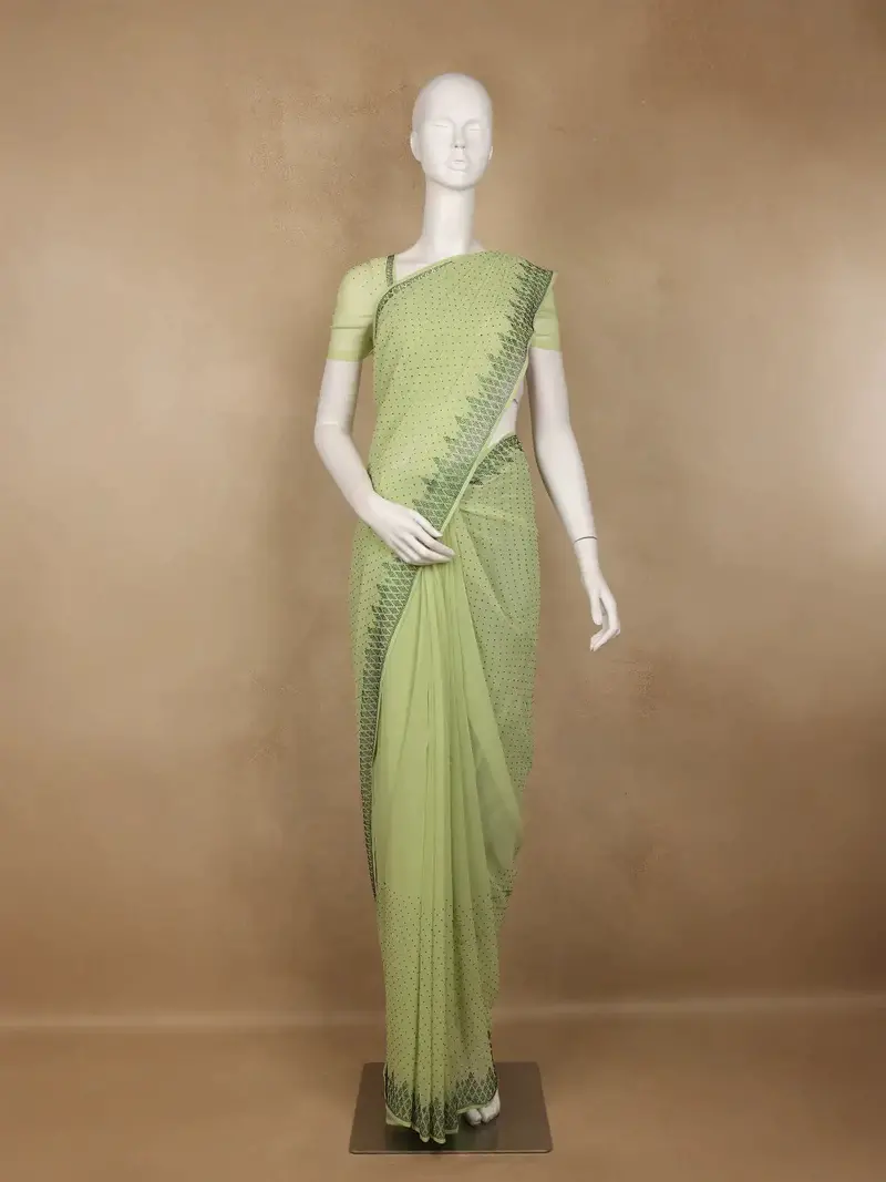 Lime Green Sequins Design Satin Saree 1