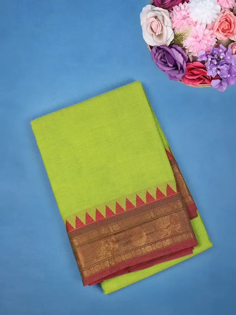 Lime Green Solid Design Pure Cotton Saree 1