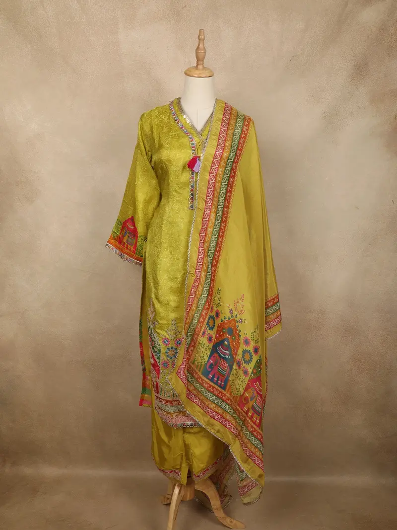 Lime Green Traditional Elephant And Floral Embroidered Design Cotton Salwar Suit With Dupatta 1