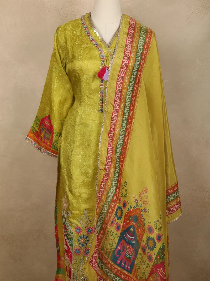 Lime Green Traditional Elephant And Floral Embroidered Design Cotton Salwar Suit With Dupatta 2