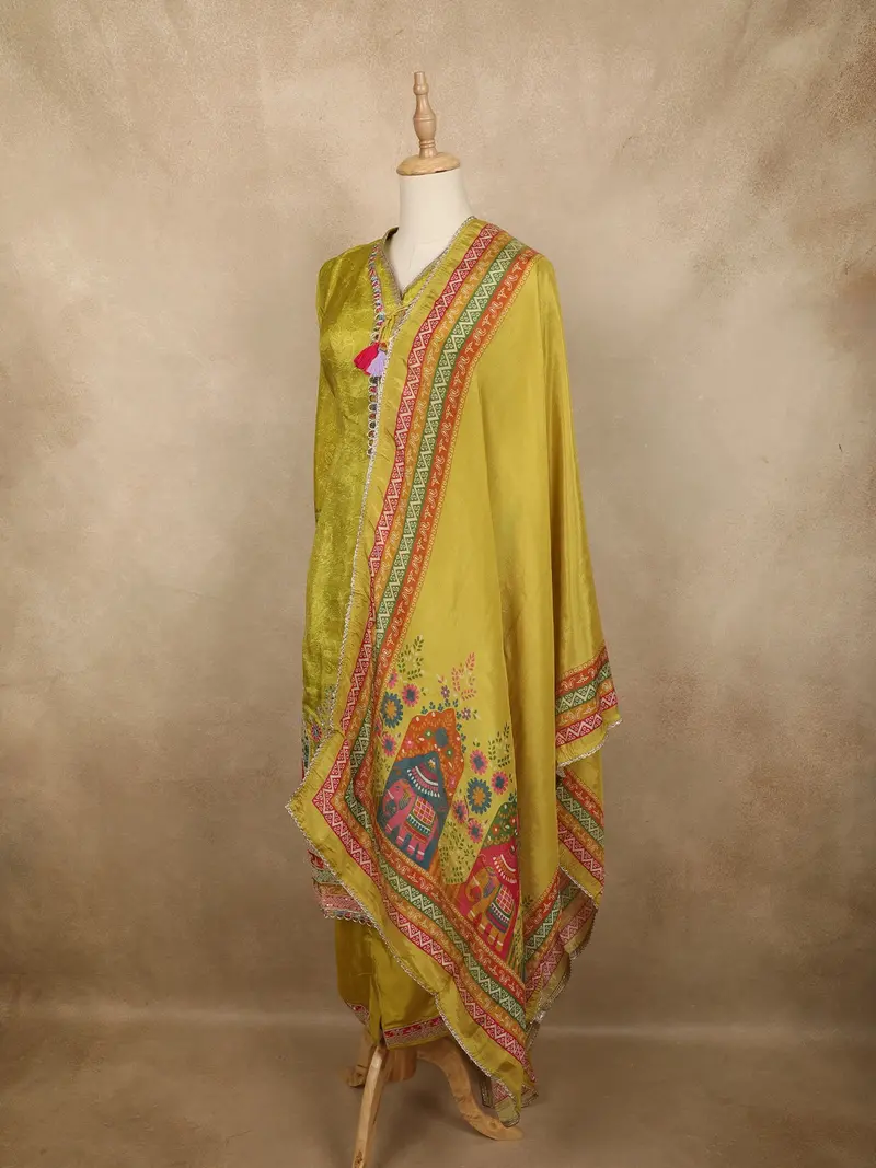 Lime Green Traditional Elephant And Floral Embroidered Design Cotton Salwar Suit With Dupatta 3