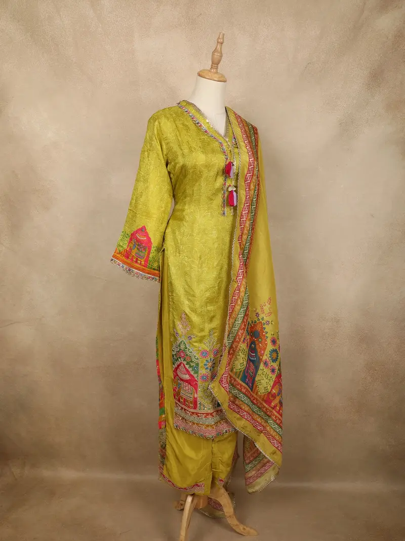 Lime Green Traditional Elephant And Floral Embroidered Design Cotton Salwar Suit With Dupatta 4