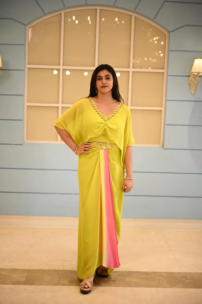 Lime Green With Soft Blush Pink Sequins And Beads Embroidered Design Satin Indo Western Skirt Top 1