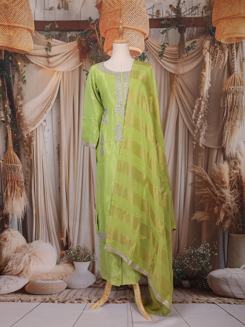 Lime Green Zari Embroidered Design Tissue Silk Palazzo Suit 1