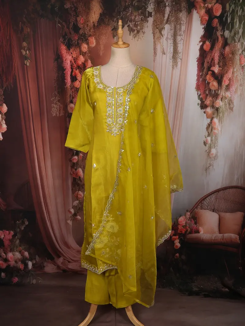 Lime Yellow Floral Beads Embroidered Design Organza Salwar Suit With Dupatta 1