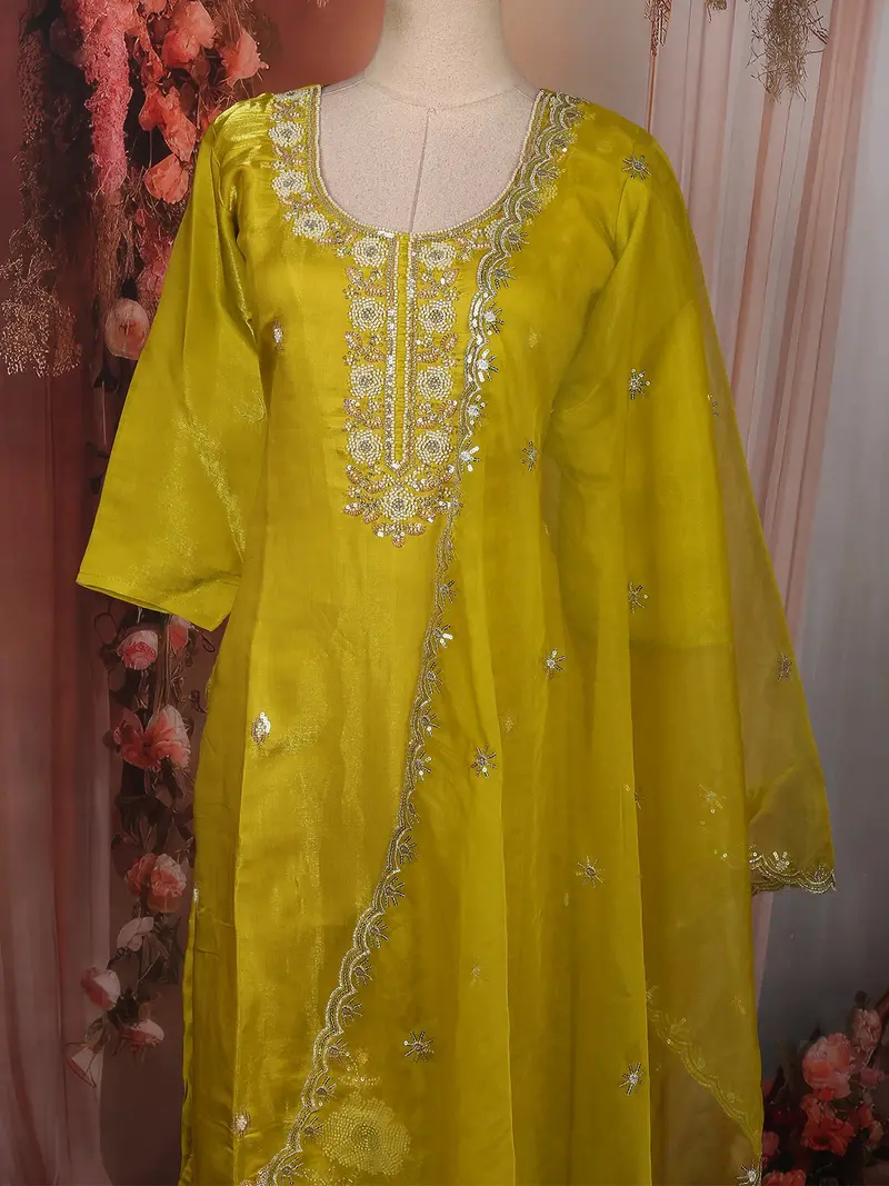 Lime Yellow Floral Beads Embroidered Design Organza Salwar Suit With Dupatta 2
