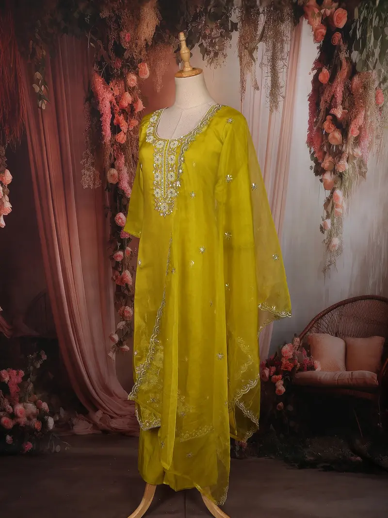Lime Yellow Floral Beads Embroidered Design Organza Salwar Suit With Dupatta 3