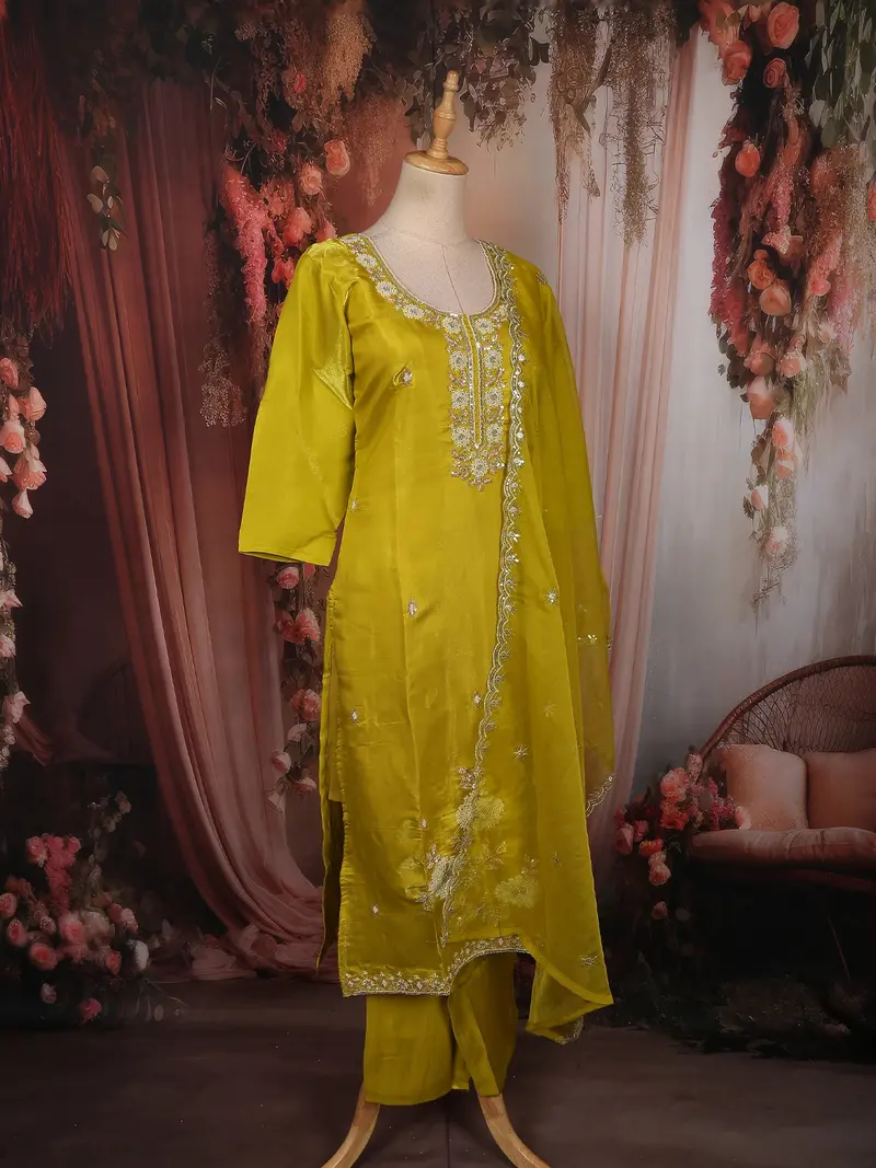 Lime Yellow Floral Beads Embroidered Design Organza Salwar Suit With Dupatta 4