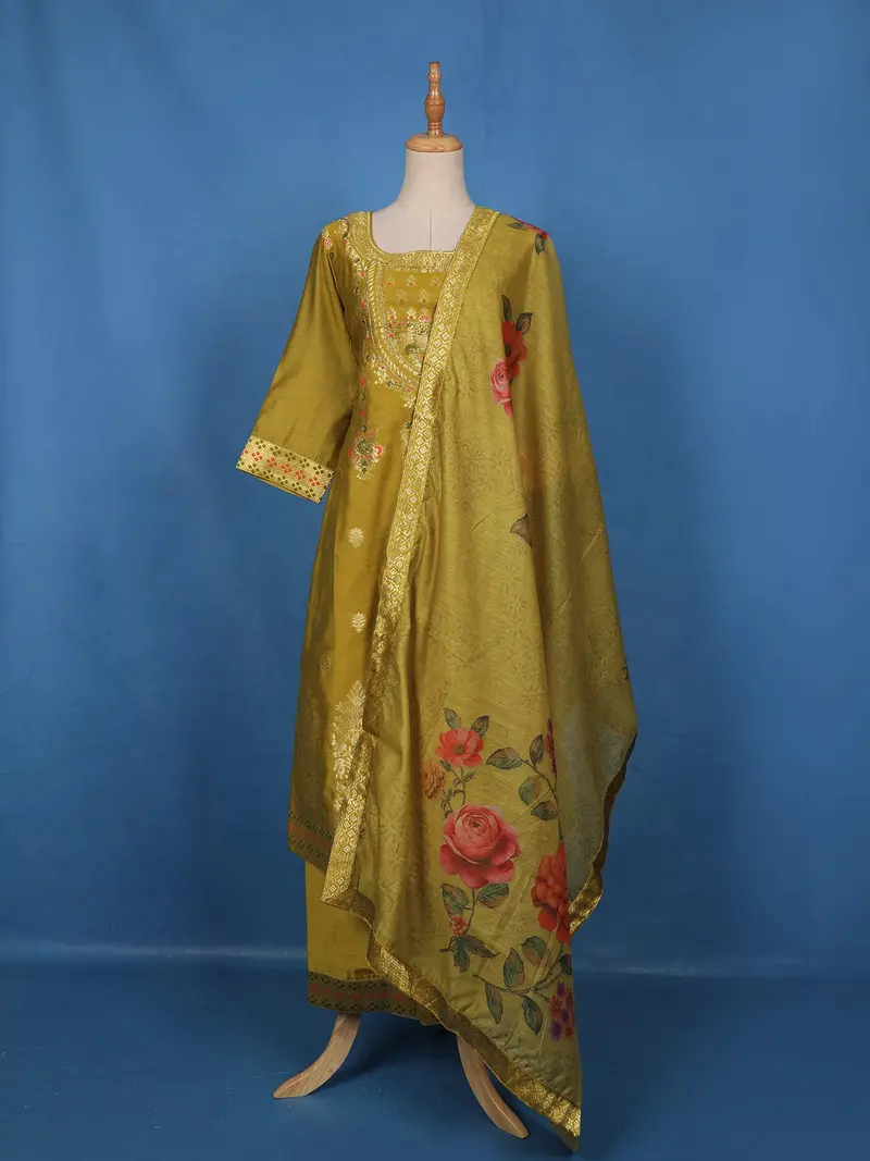 Lime Yellow Floral Design Silk Salwar Suit 1