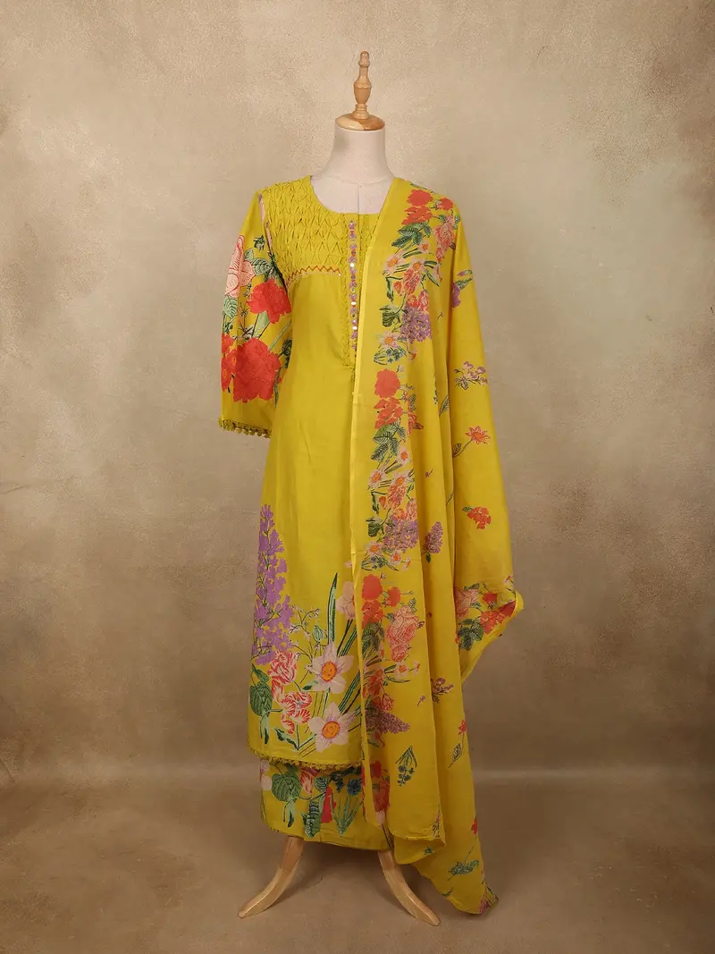 Lime Yellow Floral Printed Design Cotton Salwar Suit With Dupatta 1