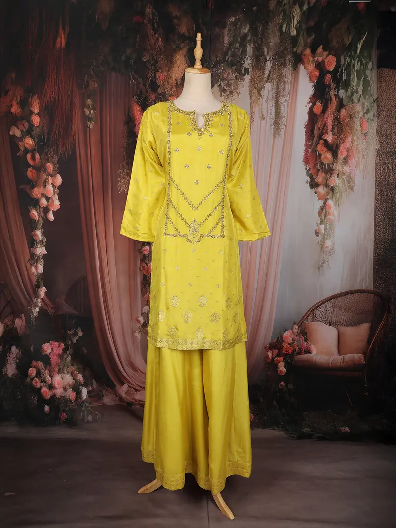 Lime Yellow Floral Sequin Embroidered Silk Palazzo Set 1
