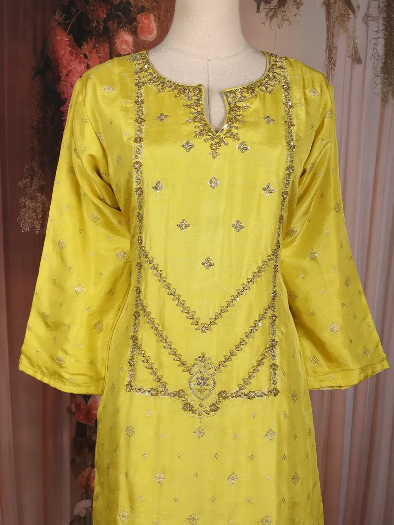 Lime Yellow Floral Sequin Embroidered Silk Palazzo Set 2