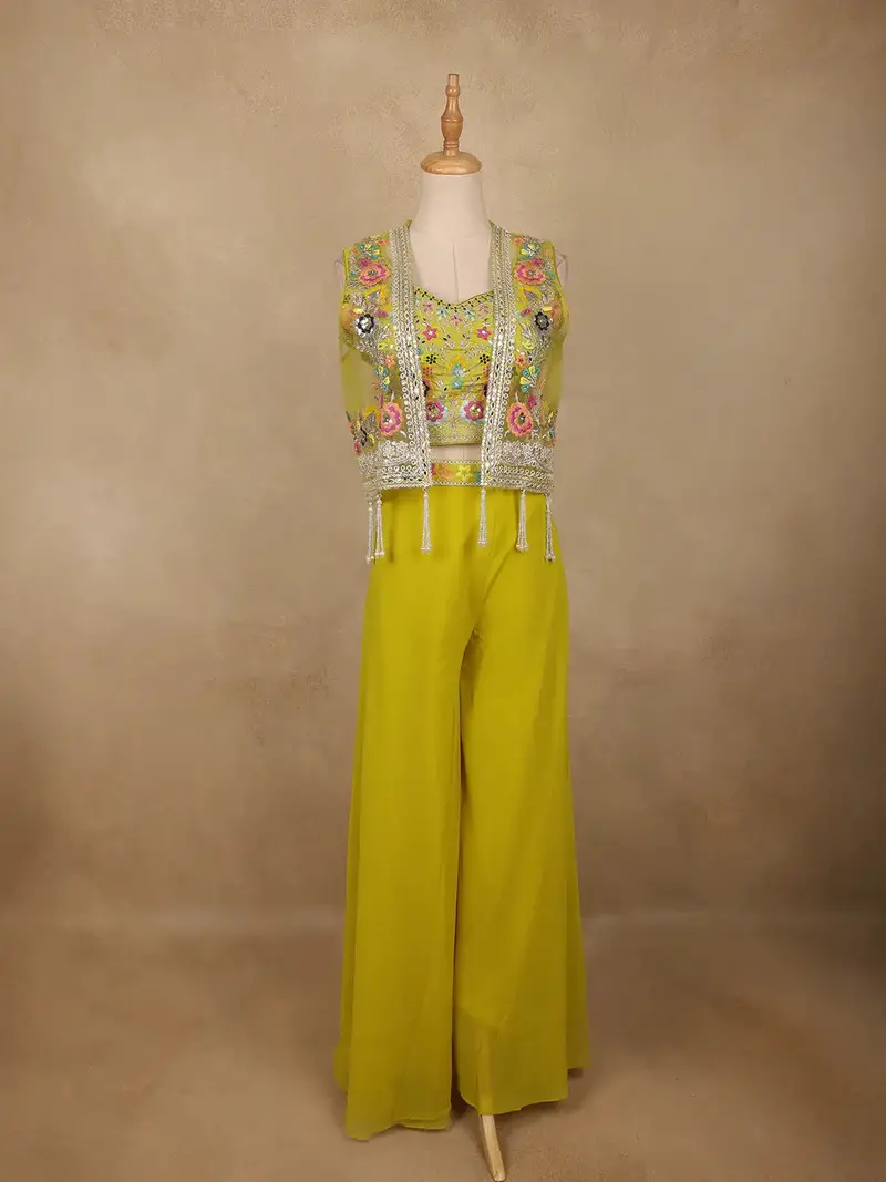 Lime Yellow Floral Sequins Embroidery Palazzo Suit 1