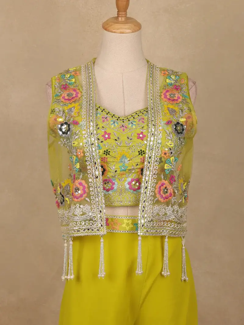 Lime Yellow Floral Sequins Embroidery Palazzo Suit 2