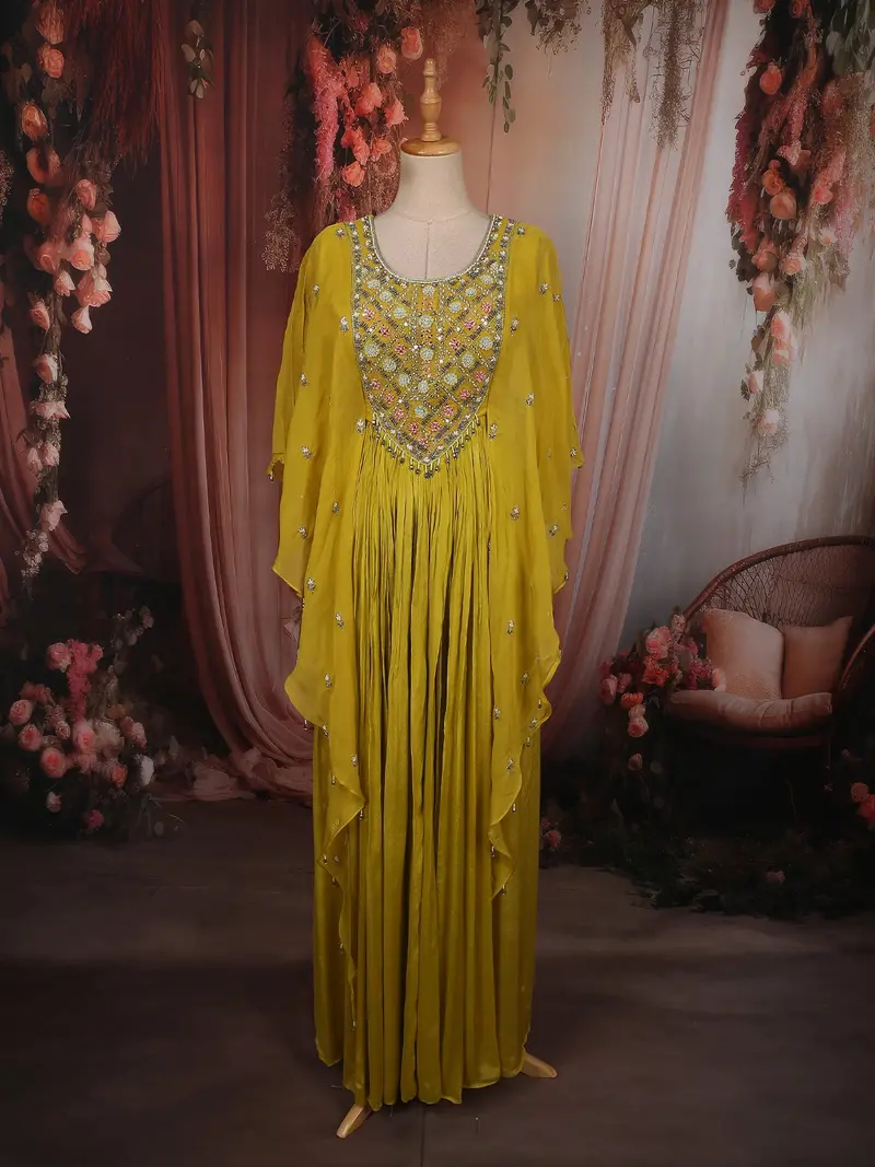 Lime Yellow Heavy Sequins And Beads Embroidered Design Chiffon Kaftan Style Gown 1