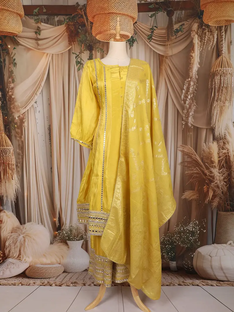 Lime Yellow Mirror And Zari Embroidered Design Silk Palazzo Suit 1
