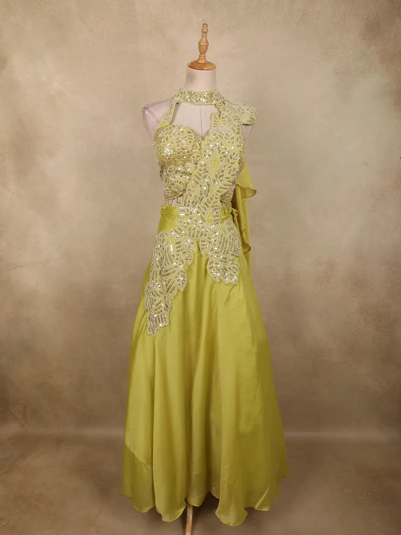 Lime Yellow Sequins And Beads Embroidered Design Georgette Party Wear Lehenga 1