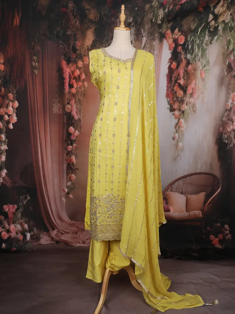 Lime Yellow Sequins Embroidered Design Tissue Straight Cut Salwar Suit 1