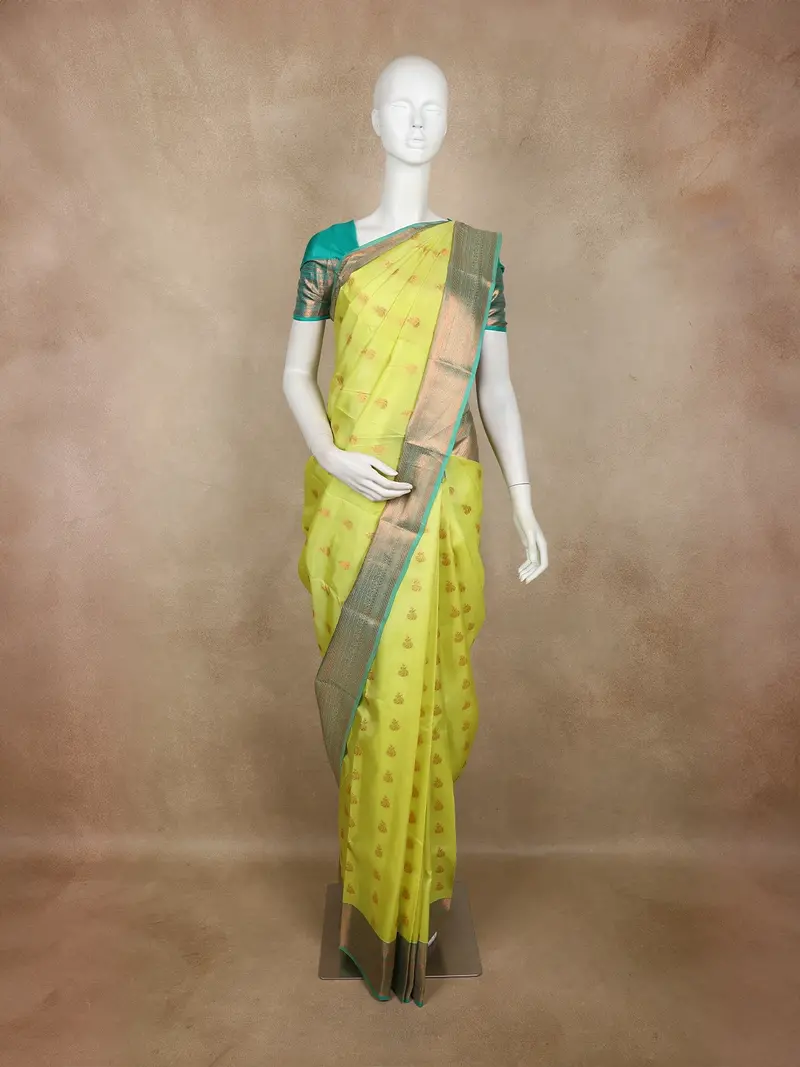 Lime Yellow Zari Butta Woven Design Pure Kanchipuram Silk Saree With Contrast Border 1