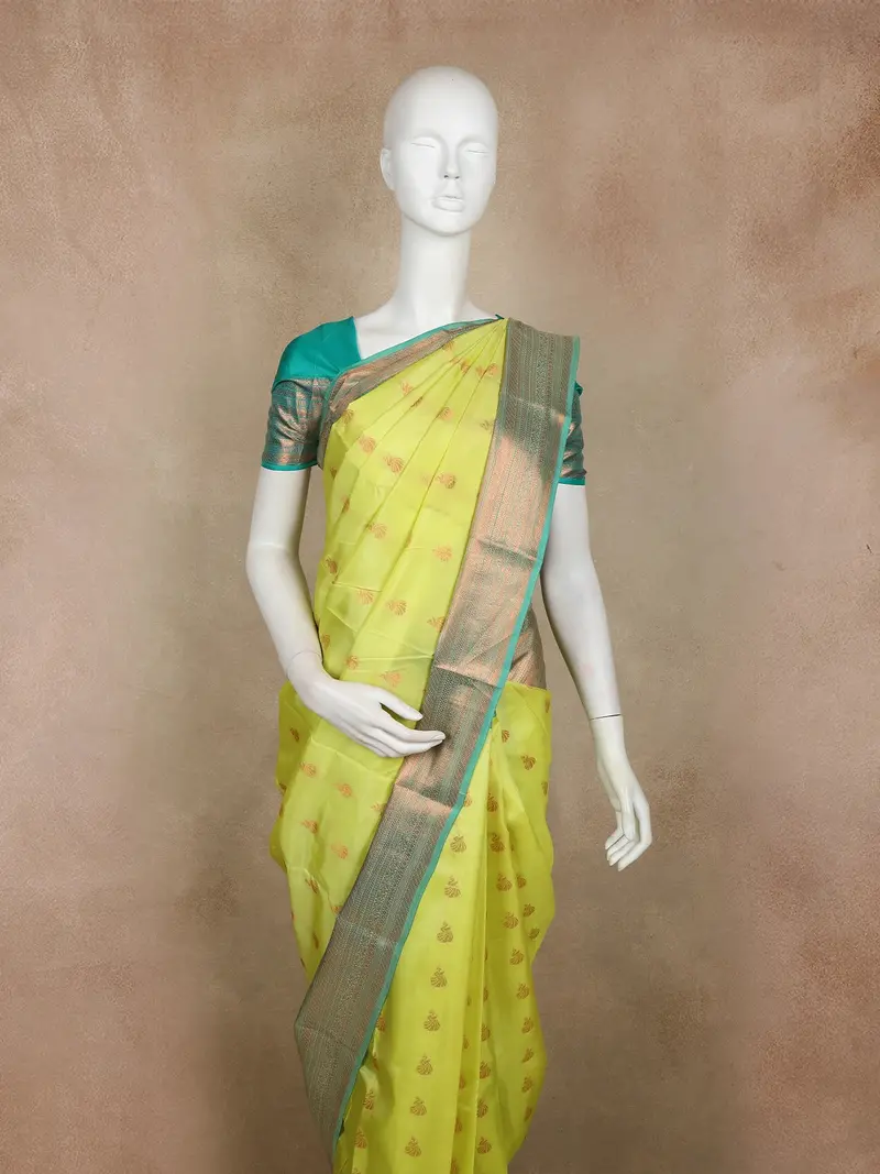 Lime Yellow Zari Butta Woven Design Pure Kanchipuram Silk Saree With Contrast Border 2