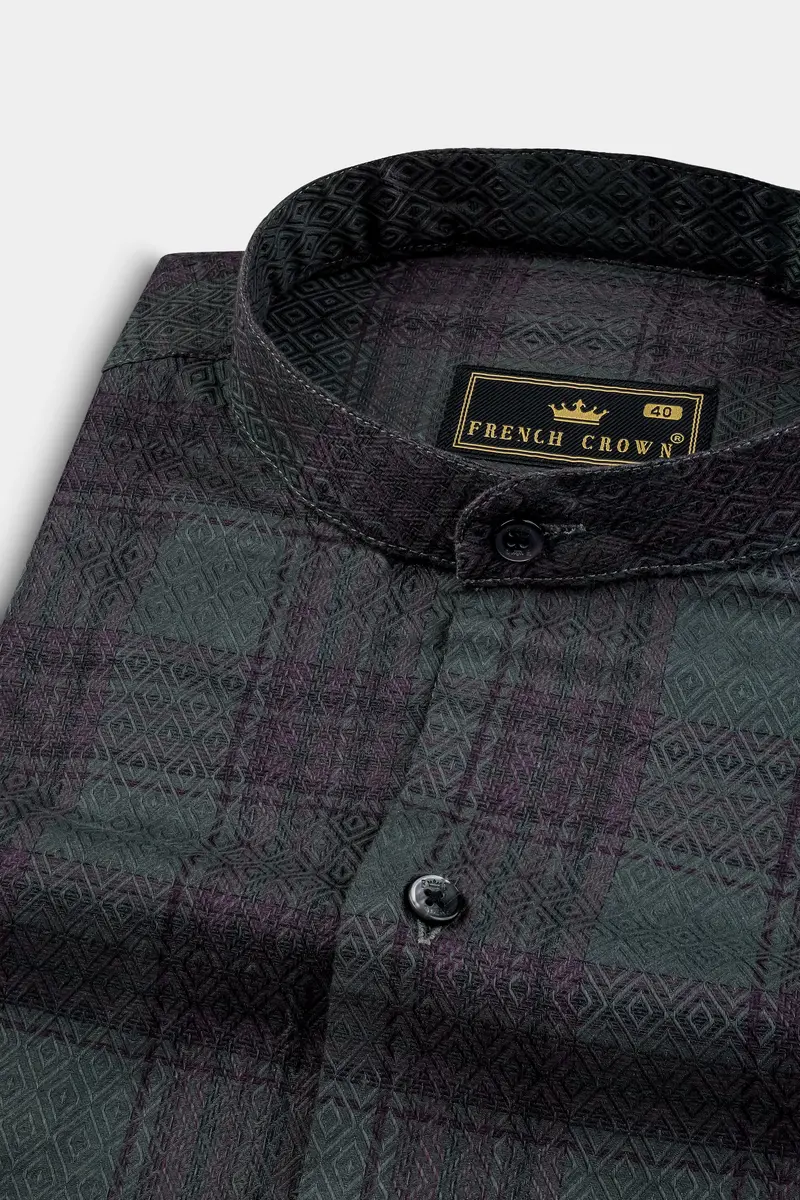 Limed Green And Taupe Purple Plaid Jacquard Textured Shirt 1
