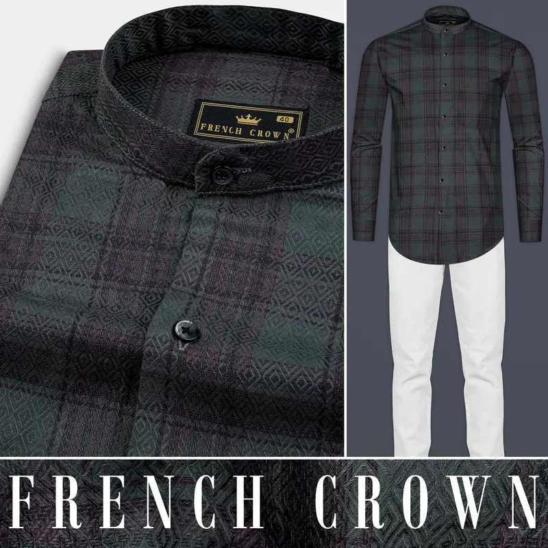 Limed Green And Taupe Purple Plaid Jacquard Textured Shirt 10