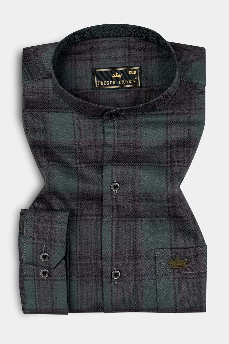 Limed Green And Taupe Purple Plaid Jacquard Textured Shirt 3
