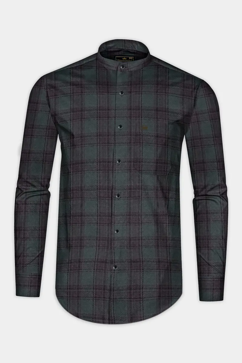 Limed Green And Taupe Purple Plaid Jacquard Textured Shirt 4