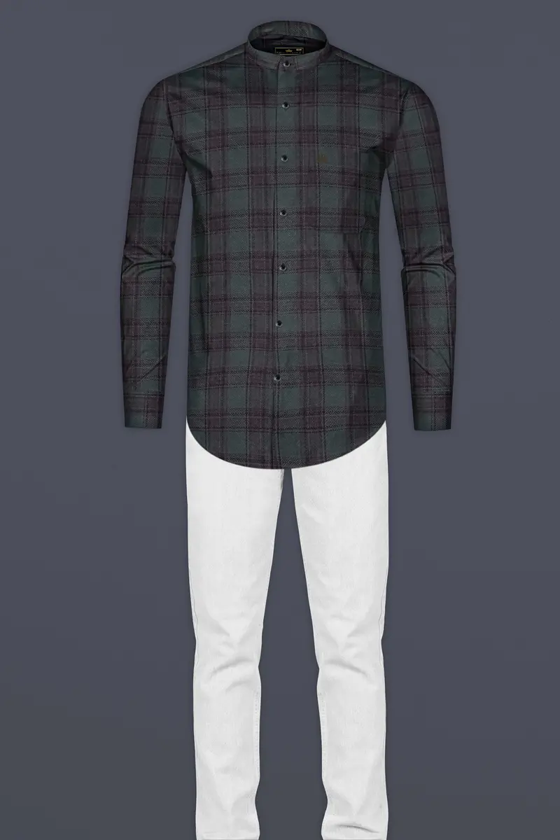 Limed Green And Taupe Purple Plaid Jacquard Textured Shirt 6