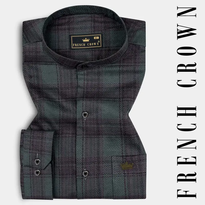Limed Green And Taupe Purple Plaid Jacquard Textured Shirt 7