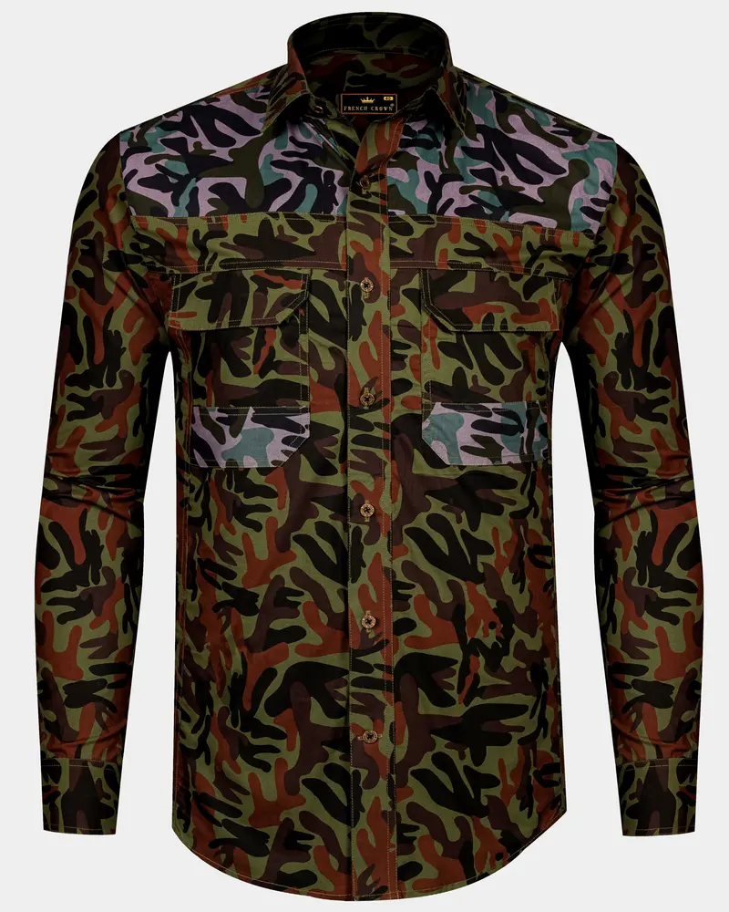 Limed Green And Thunder Black And Multicolour Camouflage Royal Oxford Designer Overshirt 1